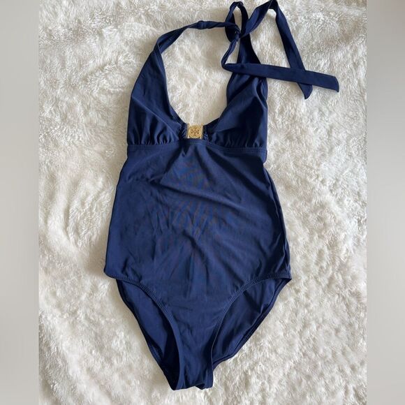 Tory Burch Logo Halter One Piece Swimsuit Navy Size XS Summer Beach Vacation - Picture 7 of 7